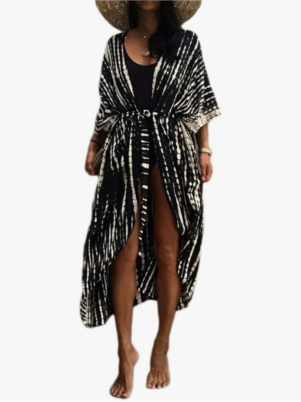Black & White Tie-Dye Maxi Kimono Cover-Up